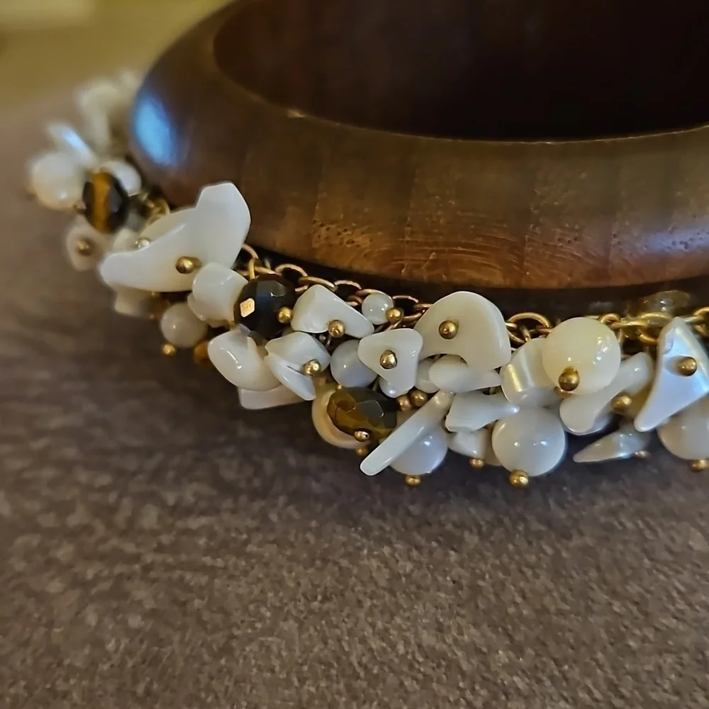 VTG Wood Mother of Pearl Bauble Cha Cha Bangle Mermaidcore Chunky Bracelet